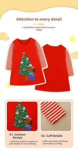 Detail of Christmas tree patchwork and reindeer embroidery on red long-sleeve girl dress