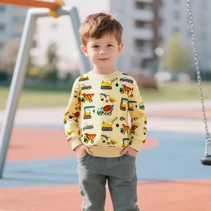 Kids Toddler Cartoon Construction Vehicle Printed Crew Neck Sweatshirt Long Sleeve Cotton Pullover Autumn Casual Top