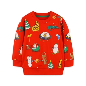 Red Christmas sweatshirt for boys featuring festive cartoons like Santa and gingerbread men