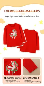 Close-up detail of unicorn print and elastic cuffs on red long sleeve t-shirt