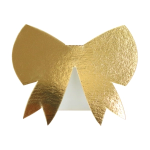 Elegant 3D laser-cut golden bow place cards with a glittery metallic finish for weddings