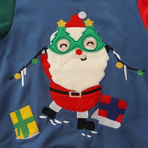 Navy blue boys' Christmas sweatshirt with Santa Claus embroidery and colorblock sleeves