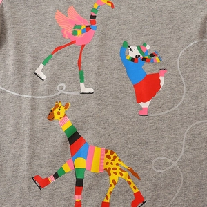 Girls long sleeve cotton T-shirt featuring cute cartoon animal print on grey knit fabric
