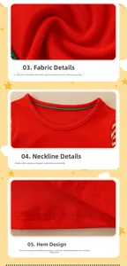 Close-up of red knit fabric details, elastic neckline and loose hem of the girls dress