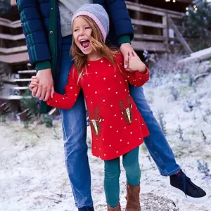 Girls 100% Cotton Long Sleeve Christmas Reindeer Polka Dot Dress Red Princess A-Line Holiday Party Dress For Kids