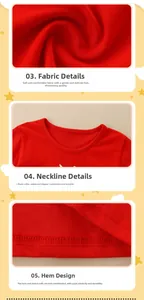 Detail view of red knit shirt showing round neckline and reinforced double stitching