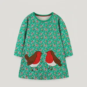 Girls Long Sleeve Green Floral Dress Bird Embroidered Patch Sweet Princess A-Line Cotton Dress For Autumn Spring Kids Clothing