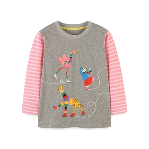 Girls long sleeve cotton t-shirt with striped sleeves and cartoon animal print
