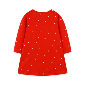 Red long-sleeve Christmas girls dress with white polka dots and classic round neck