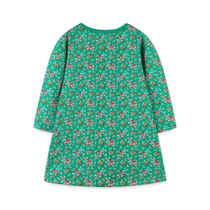 Girls long sleeve green floral dress with cute embroidered bird patterns in A-line cut