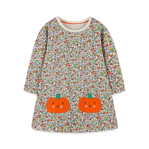 Girl's long sleeve floral dress with pumpkin embroidery for Halloween and autumn