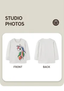 Vue avant et arrière d'un t-shirt blanc à manches longues pour enfant avec licorne