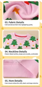 Détails du col rond côtelé et de l'ourlet élastique sur le sweat rose à motif sapin