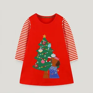 100% Cotton Girls Christmas Tree Embroidery Long Sleeve Dress Red Striped Patchwork Kids Festive Party Dress