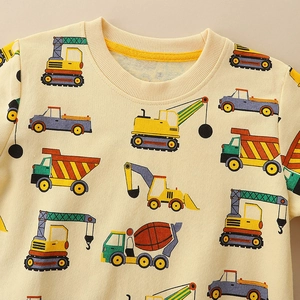 Kids long sleeve sweatshirt in pale yellow featuring all-over cartoon construction vehicle print
