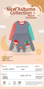 Tableau détaillé pour robe rayée fille 100% coton avec illustrations d'animaux