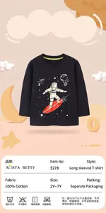 Detail of boys navy cotton long sleeve tee with luminous astronaut and planet print