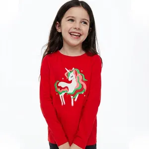 Kids Long Sleeve Cotton T-Shirt Cute Unicorn Graphic Print Round Neck Pullover Autumn Top For Girls Casual Wear