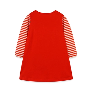 Long-sleeve red Christmas tree dress for girls featuring red and white striped sleeves
