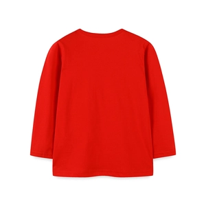 Kids long sleeve red cotton t-shirt with a round neck shown from a back view