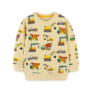 Kids long sleeve sweatshirt in light yellow with all-over cartoon construction vehicle prints