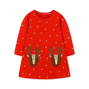 Red Christmas dress for girls featuring white polka dots and reindeer embroidery