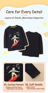 Detailed close-up of cotton long sleeve t-shirt with astronaut print and elastic cuffs
