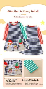 Détails d'une robe de Noël rayée pour fille avec motifs animaux et coutures de manches