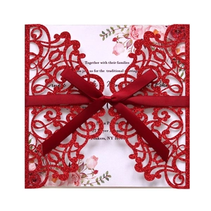 European Laser Cut Wedding Invitation Card Luxurious Glitter Hollow Greeting Card With Satin Ribbon Bow For Engagement Party