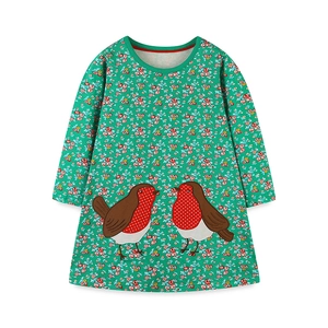 Green long-sleeve floral girls dress with cute robin bird embroidery patches