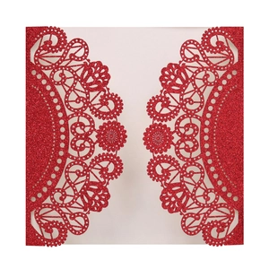 Elegant red glitter laser-cut lace wedding invitation cover with intricate hollow pattern