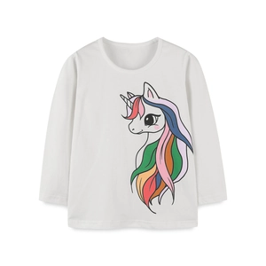 T-Shirt en Coton à Manches Longues pour Petites Filles Imprimé Licorne de Dessin Animé Mignon Col Rond Haut Automne