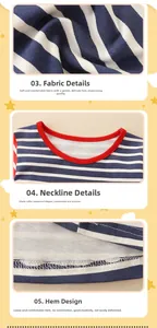Détails du tissu rayé en coton avec col rouge côtelé et finitions soignées de l'ourlet