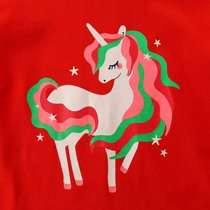 Kids long sleeve red cotton t-shirt featuring cute cartoon unicorn and stars print