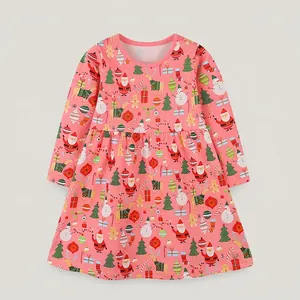 Mädchen Weihnachten Langarm Baumwolle Gestricktes Kleid Rosa Cartoon Druck Prinzessin Kleid Für Kleinkind Feiertag Party