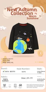 Detail of boys' black long-sleeve cotton T-shirt featuring vivid space and rocket prints