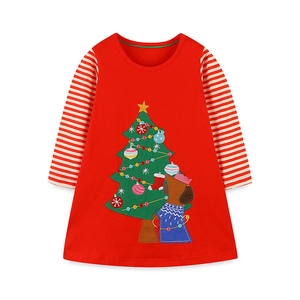 Red Christmas tree girls' dress with striped sleeves and embroidered dachshund pattern