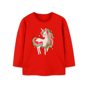 Kids long sleeve red cotton T-shirt featuring a colorful cartoon unicorn print and stars
