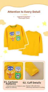 Detail van geel kinder T-shirt met lange mouwen, dierenprint en elastische manchetten
