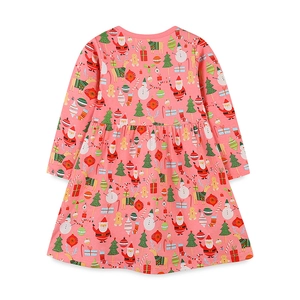 Rosafarbenes Langarmkleid für Mädchen aus Baumwollstrick mit bunten Weihnachts-Prints