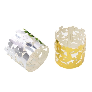 Hollow gold and silver butterfly heart napkin rings made of shimmering pearlescent paper