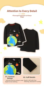 Detail of cartoon space print and elastic cuffs on boys' black long sleeve T-shirt