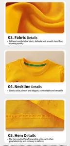 Detail van de katoenstructuur, ronde hals en dubbelgestikte zoom op het gele T-shirt
