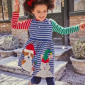 Robe Rayée à Manches Longues de Noël pour Filles en Tricot de Coton Avec Applique Animale Robe de Soirée Princesse
