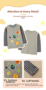 Détail de l'imprimé dessin animé du système solaire et des manches rayées sur t-shirt coton