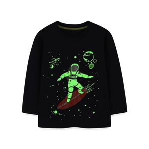Kids black long sleeve cotton t-shirt with glow-in-the-dark astronaut surfing print