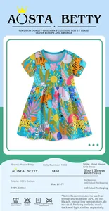Detail of 100% cotton kids dress with colorful jungle animal print and size guide chart