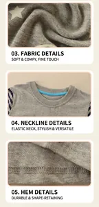 Détail du tissu en coton gris avec imprimé étoile et manches rayées pour T-shirt enfant