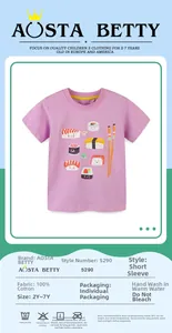 Detail of purple cotton girl T-shirt with cartoon sushi print and size chart