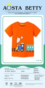 Detail of 100% cotton orange boys t-shirt with blue steam train print and yellow collar